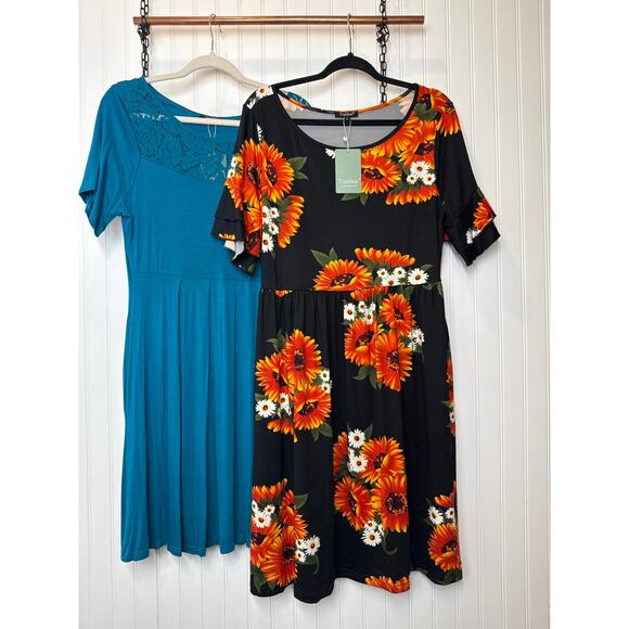 Amazon Dresses & Skirts - NWT Amazon Midi Dresses - Black Floral & Crochet Yoka Shot Sleeves Bundle Sz L